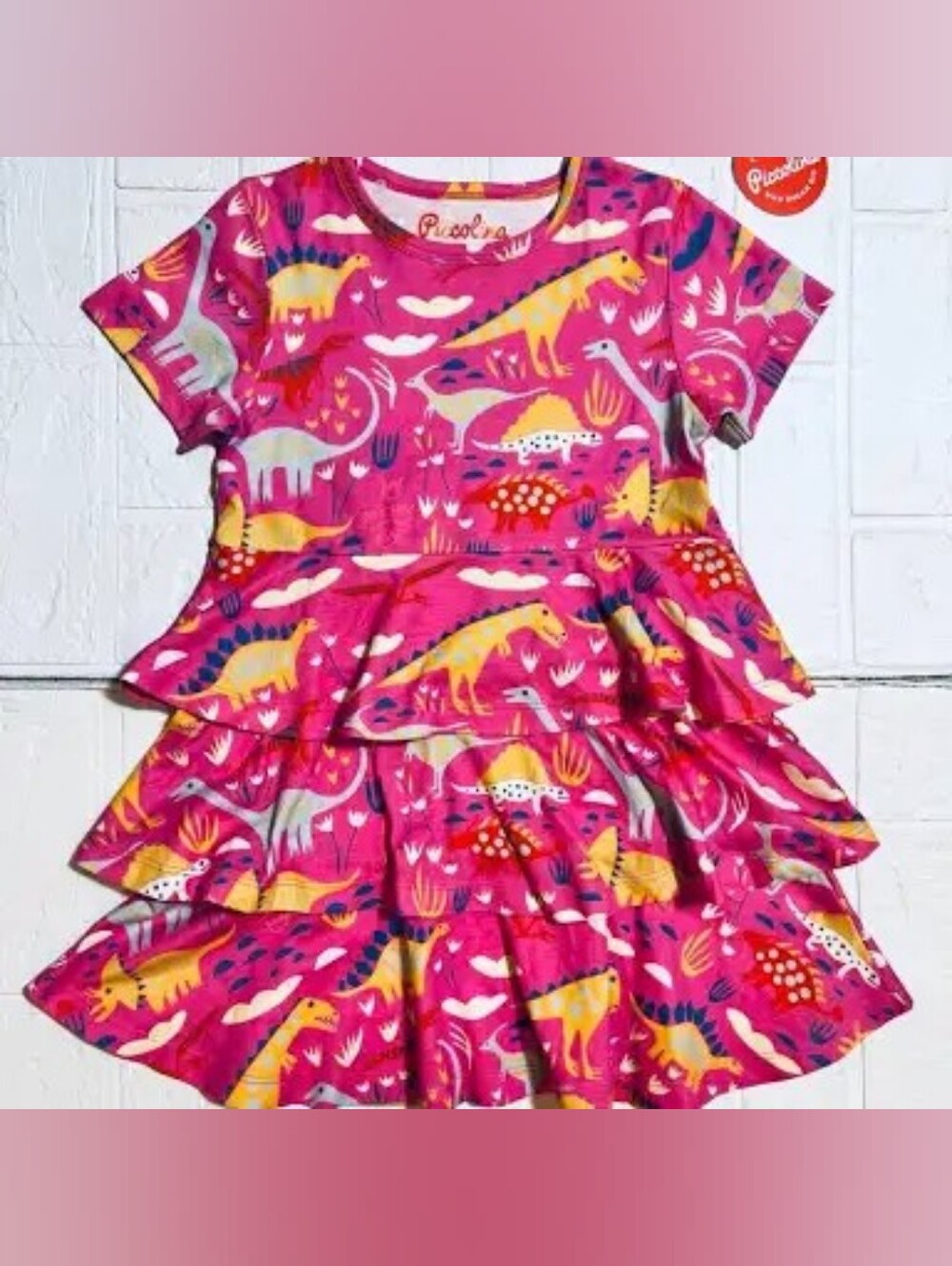 Piccolina Girls Pink Dinosaur Tiered Dress